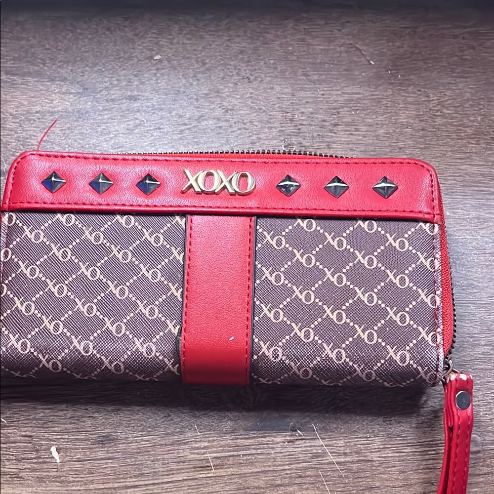 XOXO Red and Brown Monogram Wallet with Studded Accents